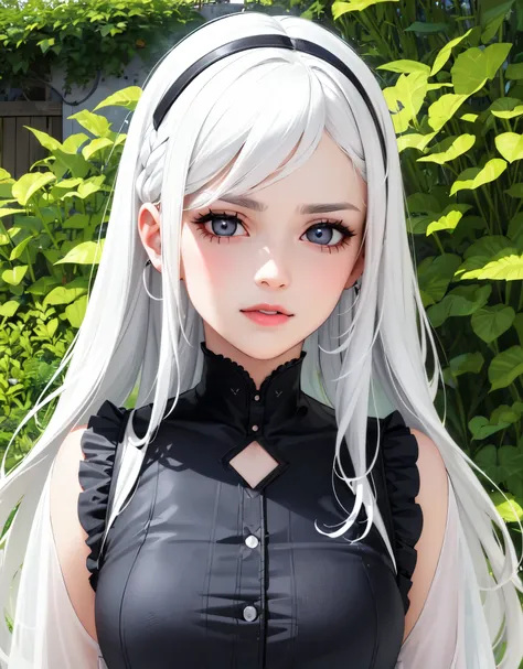 (best quality,realistic:1.37),(highres,ultra-detailed),(portrait:1.1),girl,garden,lonely,white hair,black hair,multi-colored hai...