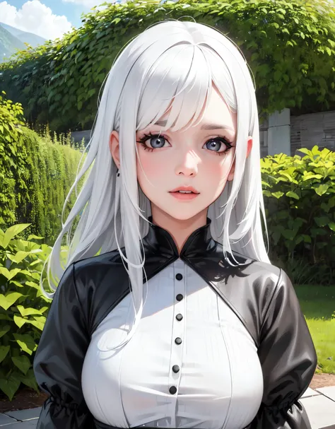 (best quality,realistic:1.37),(highres,ultra-detailed),(portrait:1.1),girl,garden,lonely,white hair,black hair,multi-colored hai...