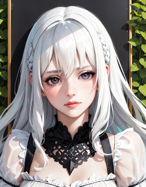 (best quality,realistic:1.37),(highres,ultra-detailed),(portrait:1.1),girl,garden,lonely,white hair,black hair,multi-colored hai...