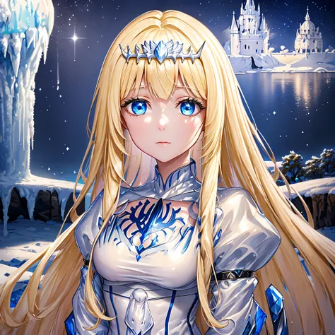 super fine illustration, an extremely cute and beautiful girl, highly detailed beautiful face and eyes, look at viewer, cowboy shot, beautiful long hair, solo, dynamic angle, beautiful detailed ice dress with frill, ice castle in background, blue tone,  1g...