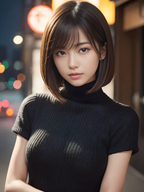 product quality, 1 girl, cowboy shot, front view, a japanese young pretty girl, long bob hair, at night, wearing a black knitted...