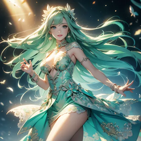 dynamic angle, (1 girl), ((masterpiece:1.4, highest quality)), ((masterpiece, highest resolution)), (beautiful illustrations),(Beautiful medium-long silver-green hair),cute office lady,  (Elegant mini dress with flower print), (looking at the viewer),
 inn...