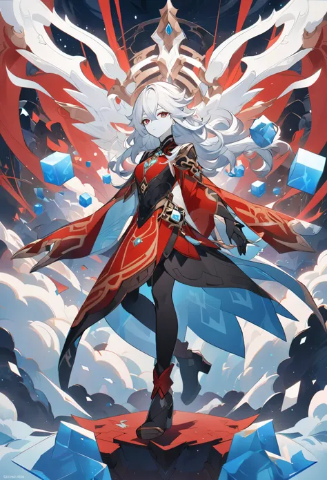 anime style,Genshin Impact character with long white hair in an elegant black and red costume flying surrounded by floating cubes, Close ups of positive characters，in the anime style, with a fantasy background, using a sky blue color scheme, as a full body...