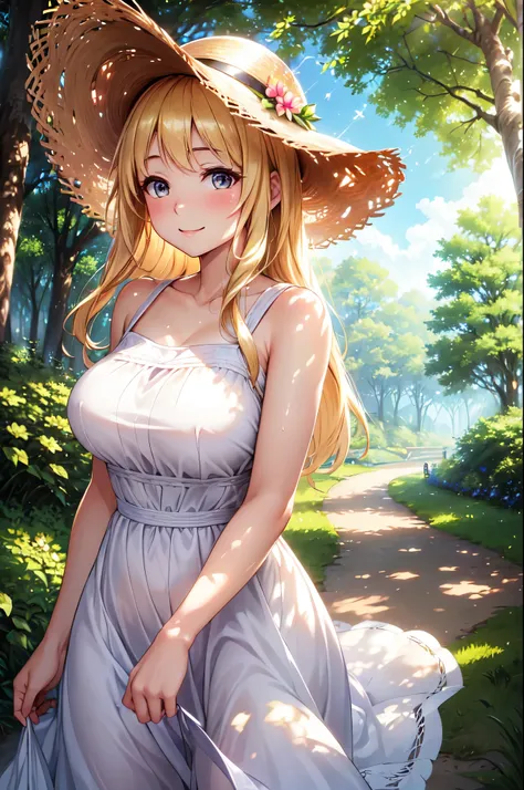 (High quality, High resolution, Fine details), woman in straw hat walking down tree-lined avenue, elegant straw hat, flowing dress, gentle sunlight, rays of light piercing through branches, sunlit path, vibrant nature, soft breeze, solo, curvy women, blond...