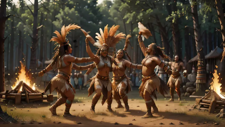 Native American dance around the fire: plusieurs femmes et hommes dansant. Traditional indigenous dances, a eu lieu lorsque les guerriers retournaient dans leurs villages pour raconter en dansant l&#39;histoire de leurs combats (best quality, hdr, Ultra-de...