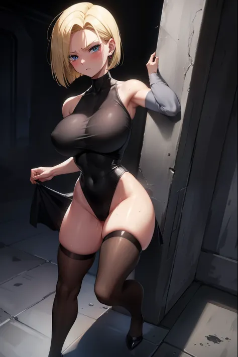 highest quality, High resolution, Hordes of zombies around,full body figure,AND18, 1 girl, android 18, alone, golden hair, blue eyes, short hair,earrings,big breasts, frown,crying face,tears,embarrassing,blush,wide open mouth,Sweat,1 girl, black leotard, b...