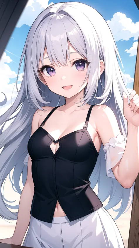 masterpiece, best quality, 1girl, silver hair, silver eyes, cute girl, happy, looking at viewer