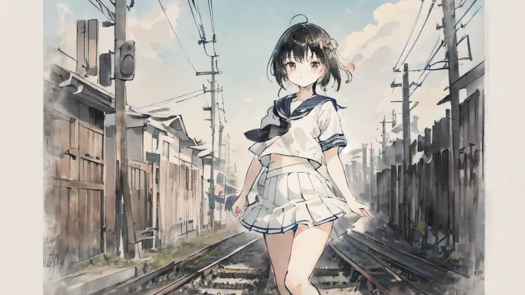 Close-up of a girl in a sailor suit with short dark hair、Stand in front of a railroad crossing、Sculpture style、white skirt、japanese summer、nostalgic、