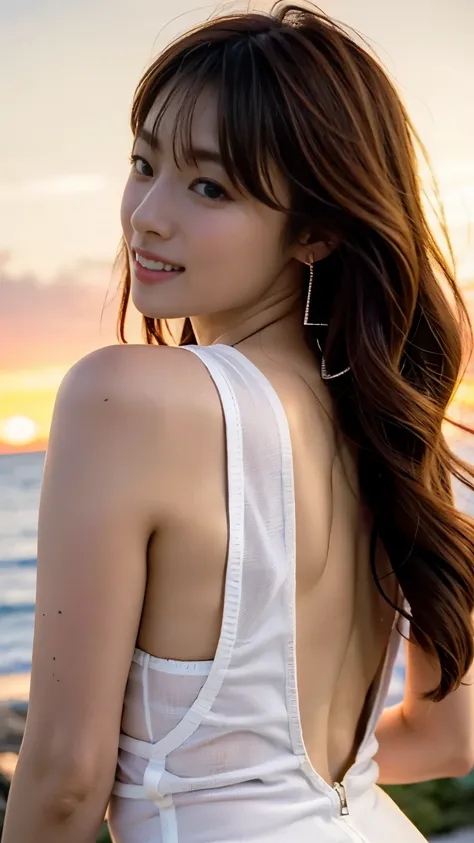 ((Flawless解剖学)),An image of a beautiful girl on a beautiful beach in Hawaii with the sunset reflecting on the sea surface.,nice earrings and necklace,Attractive silhouette photo taken from the front with the sunset in the background ,(She beautifully wears...