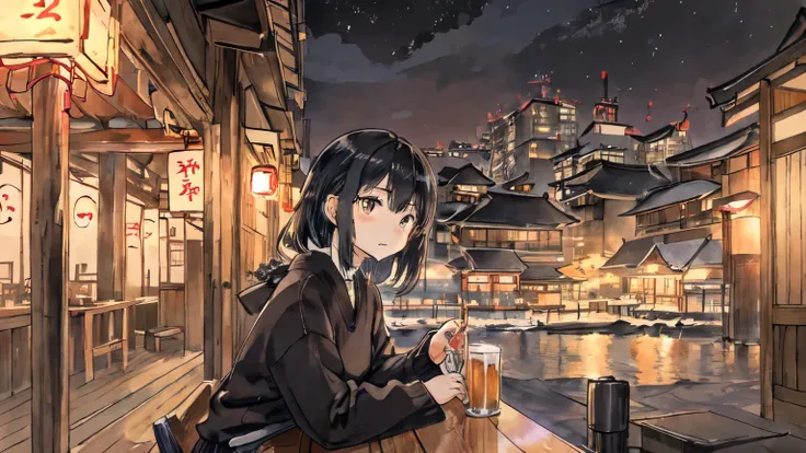 Japanese izakaya、A woman wearing a sweater sitting at a counter seat、Iたちに手を振ってください、I&#39;You&#39;re a little far away.、Beer 、End of year 、outside the house、modern