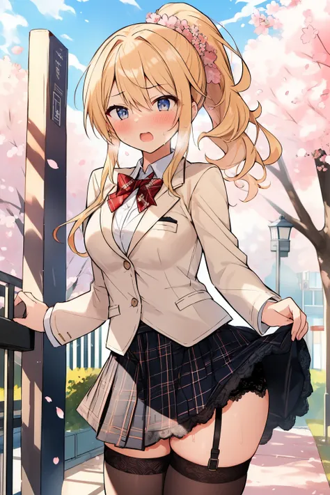 ((( masterpiece, highest quality))), ((girl)),、nsfw、at close range、cute、blonde、long hair、curly ponytail、white blazer、plaid skirt...