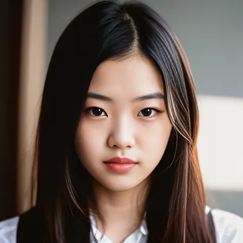 23 years old , Korean,Graphic Designer,Cute woman looking into camera , Dress in a professional manner,surreal face, eyes visible through hair, correct eye position, natural skin, soft light, rim light, looking at the audience, Light makeup, realism, Reali...