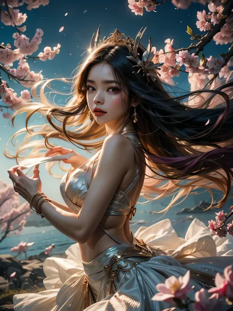 A beautiful Taiwanese girl, her long hair and body seem to be involved in the rotating movement, adding to the dynamic sense of the image. The background is blurry, and surreal elements such as floating white plum blossoms and petals hint at her wind-power...