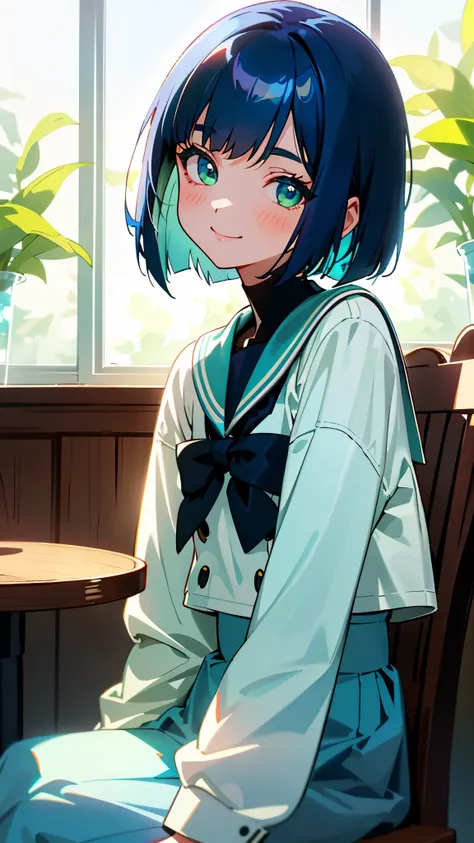 1 girl、one person、dark blue hair、bob cut、beautiful green eyes、smile、Sailor  based on white color、jacket、sitting in a chair、blue skirt、indoor、Morning Cafe、Lens flare, shiny, Glossy skin、upper body close-up