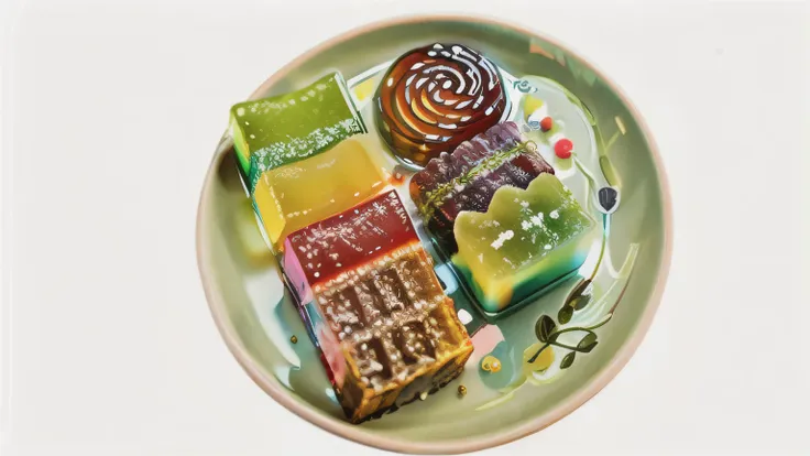 绿色盘子里有四种不同颜色的candy, jelly - like texture, onemy, candy, what&#39;s your job, gummies, jellyfish gelatin, jelly, something, one, ...