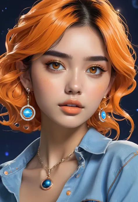 una mujer con el cabello naranja ondulado recogido, ojos marrones claros, aretes plateados, vestida con un polo naranja, un jean celeste, un collar de cuero con un dije circular, de fondo urbano en estilo anime de noche con una luna llena en arte digital