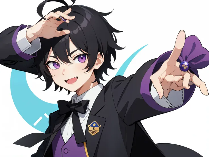  looking at the viewer, simple background、white background, 1 man, open your mouth, smile, Virtual YouTuber、((highest quality, expensive_solve, clear_image)),(black hair), (Ahoge), (ridiculously short hair), (purple eyes),、laughter、((concept art))、((front)...