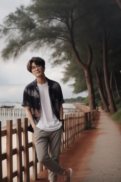 there is a man standing on a path by the water, male ulzzang, near a jetty, taejune kim, cai xukun, beach trees in the background, in front of a forest background, jinyoung shin, mid shot portrait, full body photogenic shot, inspired by Yeong-Hao Han, set ...