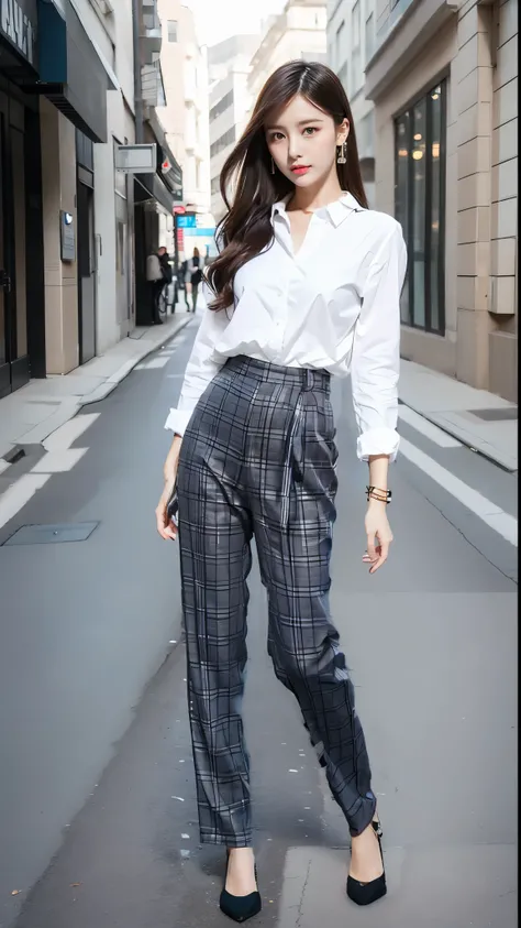 white shirt，rice casual pants，loose wide mouth trousers，casual shoes，Stylish outfit