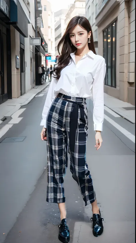 white shirt，rice casual pants，loose wide mouth trousers，casual shoes，Stylish outfit