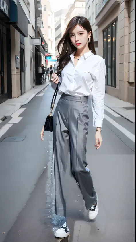 white shirt，rice casual pants，loose wide mouth trousers，casual shoes，Stylish outfit