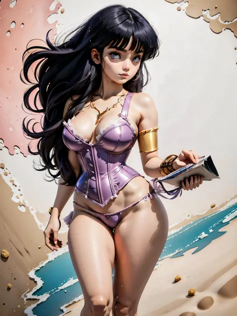 Dark-haired anime girl in pink swimsuit and corset, 16 anos, corpo bonito, seios grandes, com hand in panties , hand in hair, Garota sensual, purple cabelo, mechas de cabelo laterais, mechas de cabelo na lateral do rosto, beautiful lighting, sombras suaves...