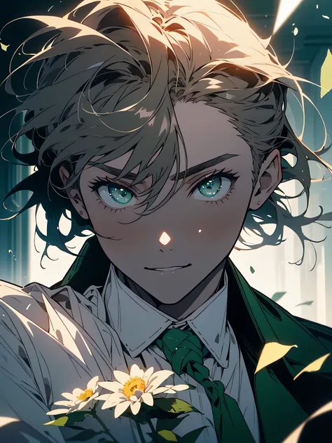 (highest quality、masterpiece、High resolution、be familiar with)、(shining eyes、be familiar with美しい顔)and change, brown ponytail, white skin, (boy), green eyes, masterpiece, punk jacket, white shirt, green tie, open shoulders, Open sleeves, light smile, flower...