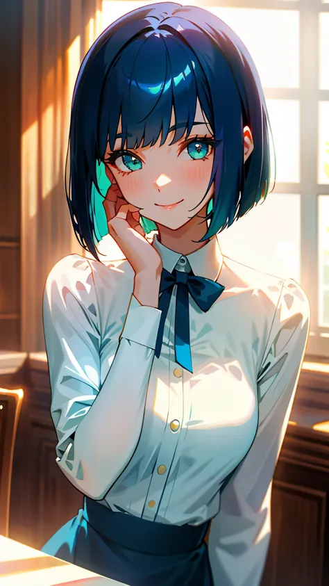 1 girl、one person、dark blue hair、bob cut、beautiful green eyes、smile、Formal white-based clothing、blue skirt、indoor、Morning Cafe、Lens flare, shiny, Glossy skin、upper body close-up