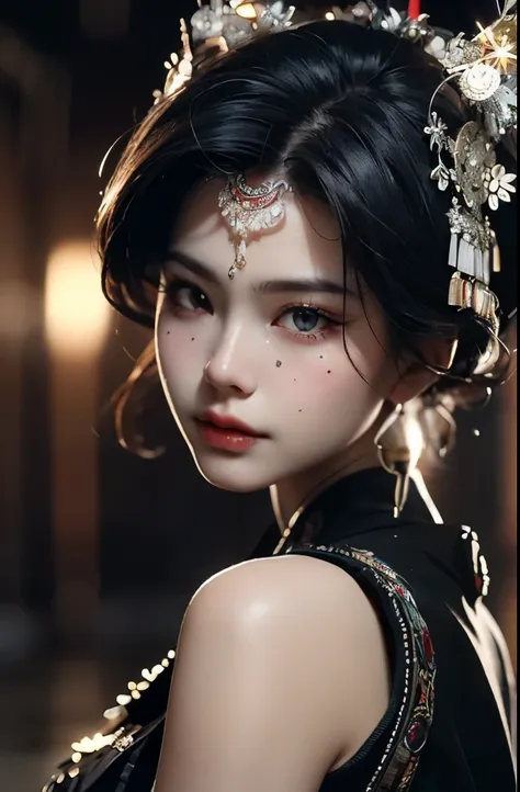 best quality, masterpiece, Photorealistic, intricate details, original photo, photon rendering, octane rendering, Ridiculous, Super detailed, Detailed face, Delicate skin, Popular topics on ArtStation,8k masterpiece,light, arms,Miao, Miao Village, silver j...