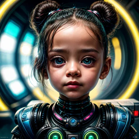 Extraordinary portrait of an unfamiliar microscopic cyberpunk , 4 years old girl, baby girl, four years old,  showcasing their adorable and small features over a green tech-infused high fashion style, meticulously captured in professional photography. 8k r...