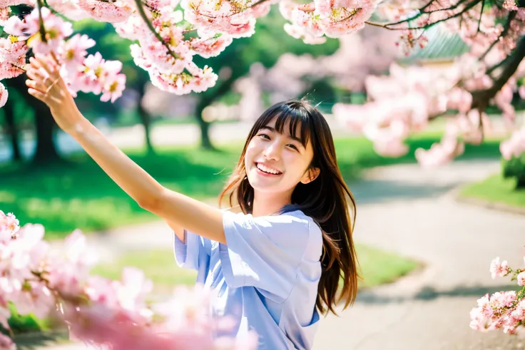 Maria from Japan, (masterpiece, best quality:1.2), (raw photo),(film gain:0.7),
(beautiful 20yo girl),  (dapped sunlight:0.6),
 (flat bangs:0.7), long hair with her hair fluttering, (laugh),  (dynamic pose),
(soft pastel-colored T-shirts), 
BREAK
(at the b...