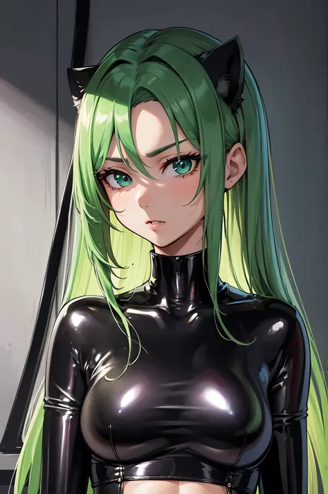 beautiful, (masterpiece), 最high quality, (extremely get used to it face), extremely get used to it eyes, perfect lighting, overall details, get used to it, deep skin, slicked back hair, long hair, green hair, type of eyes, slicked back hair, elbow bag, alo...