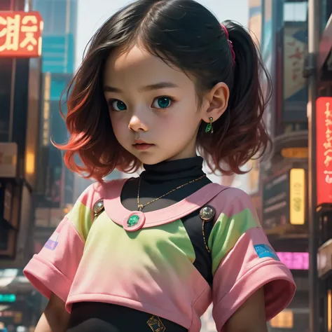 Extraordinary portrait of an unfamiliar microscopic cyberpunk , 4 years old girl, baby girl, four years old,  showcasing their adorable and small features over a green tech-infused high fashion style, meticulously captured in professional photography. 8k r...