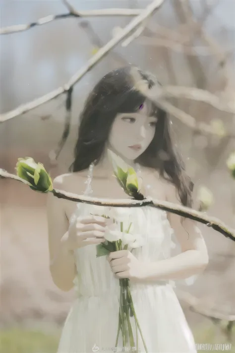 Woman being raped wearing a white dress and holding a bouquet of flowers, resin drainage, with flower, With frozen flowers around her, heavenly beauty, Jinyoung Shin, Jiyoung Kwak, Hwang Se - That&#39;s right, Inspired by Tang Yifen.., beautiful korean gir...