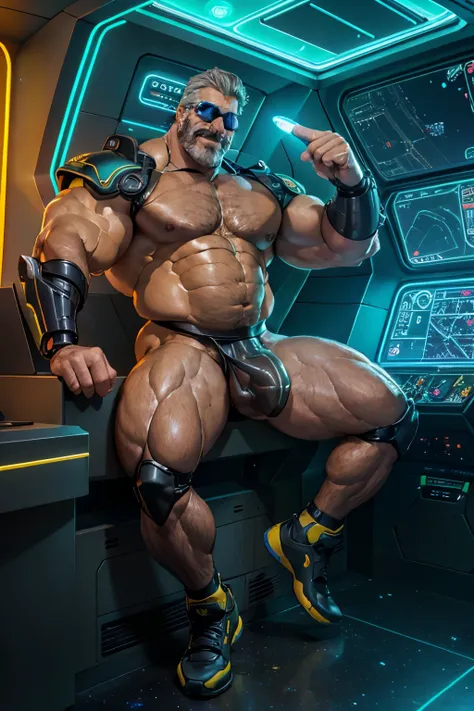 full body portrait, strong burly hairy mature older man(space captain), wearing futuristic captains uniform insignia (neon and black) (open and revealing) (latex) , gray hair, sunglasses (neon yellow rims), broad shoulders, round belly, thick feet, bulging...