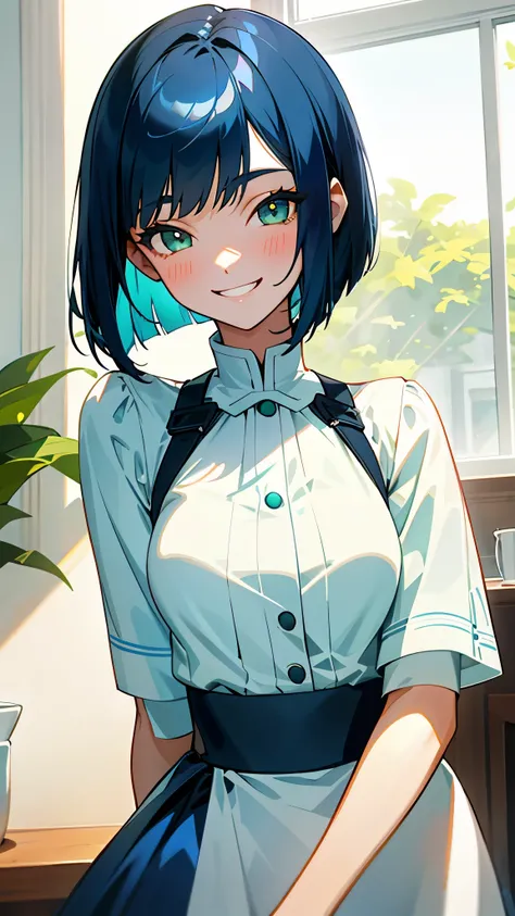 17 year old girl、one person、dark blue hair、bob cut、beautiful green eyes、grin、Clothes based on white color、blue skirt、indoor、Morning Cafe、Shiny and smooth skin、upper body close-up