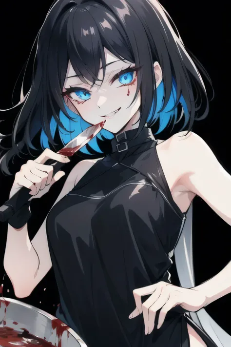 Yume has strikingly vivid blue eyes that contrast with her sleek, jet-black hair, cut in a sharp, modern style. Her attire is simple yet elegant, often favoring dark colors that complement her distinctive look.,kitchen knife, dark background, blood on face...