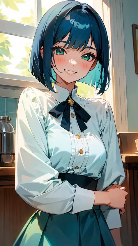 17 year old girl、one person、dark blue hair、bob cut、beautiful green eyes、grin、Clothes based on white color、blue skirt、indoor、Morning Cafe、Shiny and smooth skin、upper body close-up