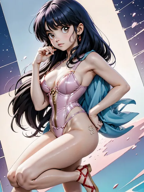 Dark-haired anime girl in pink swimsuit and corset, 16 anos, corpo bonito, seios grandes, com a hand in panties, hand in panties, Garota sensual, purple cabelo, mechas de cabelo laterais, mechas de cabelo na lateral do rosto, beautiful lighting, sombras su...