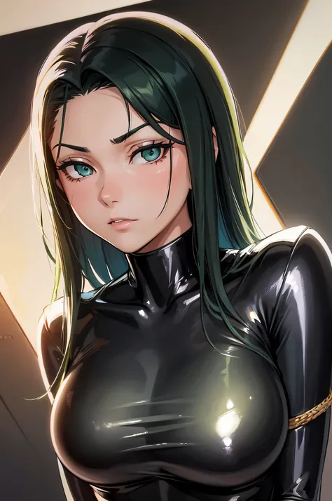 beautiful, (masterpiece), 最high quality, (extremely get used to it face), extremely get used to it eyes, perfect lighting, overall details, get used to it, deep skin, slicked back hair, long hair, green hair, type of eyes, slicked back hair, elbow bag, alo...