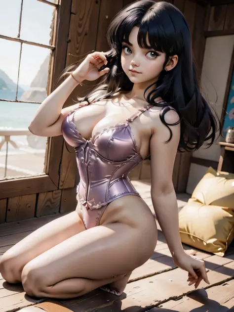 Dark-haired anime girl in pink swimsuit and corset, 16 anos, corpo bonito, seios grandes, com hand in panties , hand in hair, Garota sensual, purple cabelo, mechas de cabelo laterais, mechas de cabelo na lateral do rosto, beautiful lighting, sombras suaves...