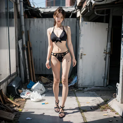 Completely naked、abandoned教室に立つ，legs open，garbage is scattered on the ground，dirty， urinate， junk， masterpiece， highest quality， very detailed，very broken japanese girl ，cropped shoulder，reveal the lower abdomen，publish one&#39;chest of，，show me your butt，...