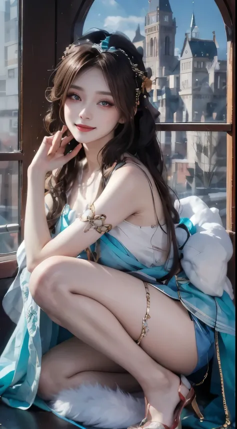 Modify hair only、Face)dress,chiffon,Reddish-brown hair,curls,ponytail,Nice bun,Perfect hairstyle,red headdress,red eyes,red pupils,Delicate and detailed eyes,clear eyes,Red eyes,huge ,smile,happy,Fingers conform to physiological anatomy
