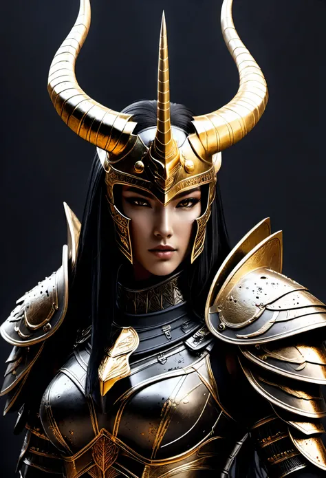 a piece of digital art，Depicts a female warrior with a golden head and horns，Wearing dark armor，Shine faint lustelm Still，unfinished, hatching (texture)，The black battlefield background is replaced with a circular composition of splattered blood.，Dark atmo...