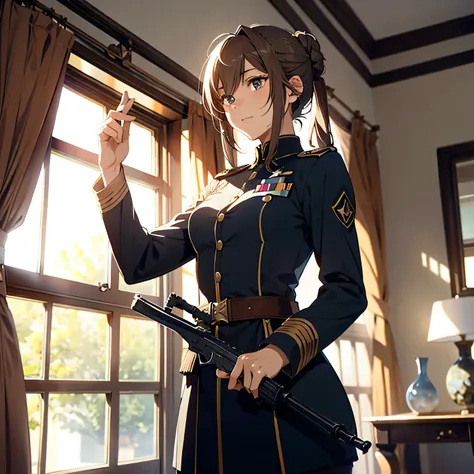 Generate a girl named Violeta Evergarden in a soldier uniform and holding a rifle.

Violeta Evergarden, un hermoso joven soldado, stood proudly in front of the mirror, ajustando los pliegues perfectos de su uniforme militar. Her detailed brown hair was nea...