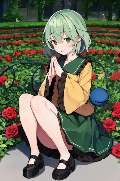 2D，highest quality，(masterpiece)，(full body)，girl 1，Komeiji Koishi，lolita，rose garden，Roses that fill the screen，Green rose，background white，Mysterious look，praying pose