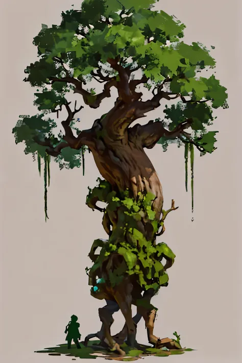 an ancient tree man stands tall, his body covered in vibrant green foliage. in his hands, he grips a giant sword, its blade glea...