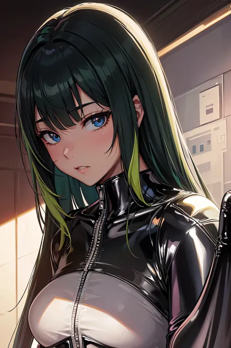 beautiful, (masterpiece), 最high quality, (extremely get used to it face), extremely get used to it eyes, perfect lighting, overall details, get used to it, deep skin, slicked back hair, long hair, green hair, type of eyes, slicked back hair, elbow bag, alo...