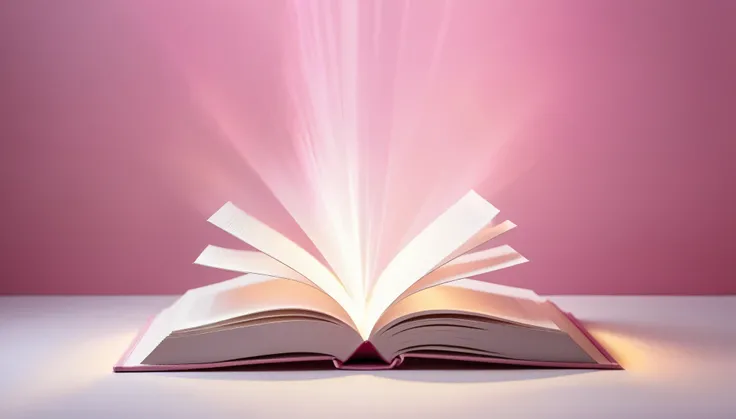 An open white book，Pink dreamy light effect，Pure background，Commercial Photography，Center the composition