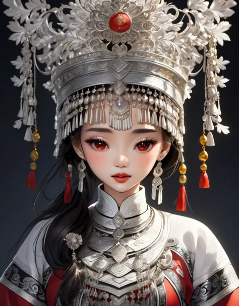 (best quality,8K,masterpiece:1.2),stunning,gorgeous Chinese girl,queen,detailed skin details,bright eyes,gorgeous eyelashes,standing alone,looking at the audience,minority:1.5,silver jewelry:1.2,silver hat crown:1.5,silver tassels:1.37,silver necklace,silv...